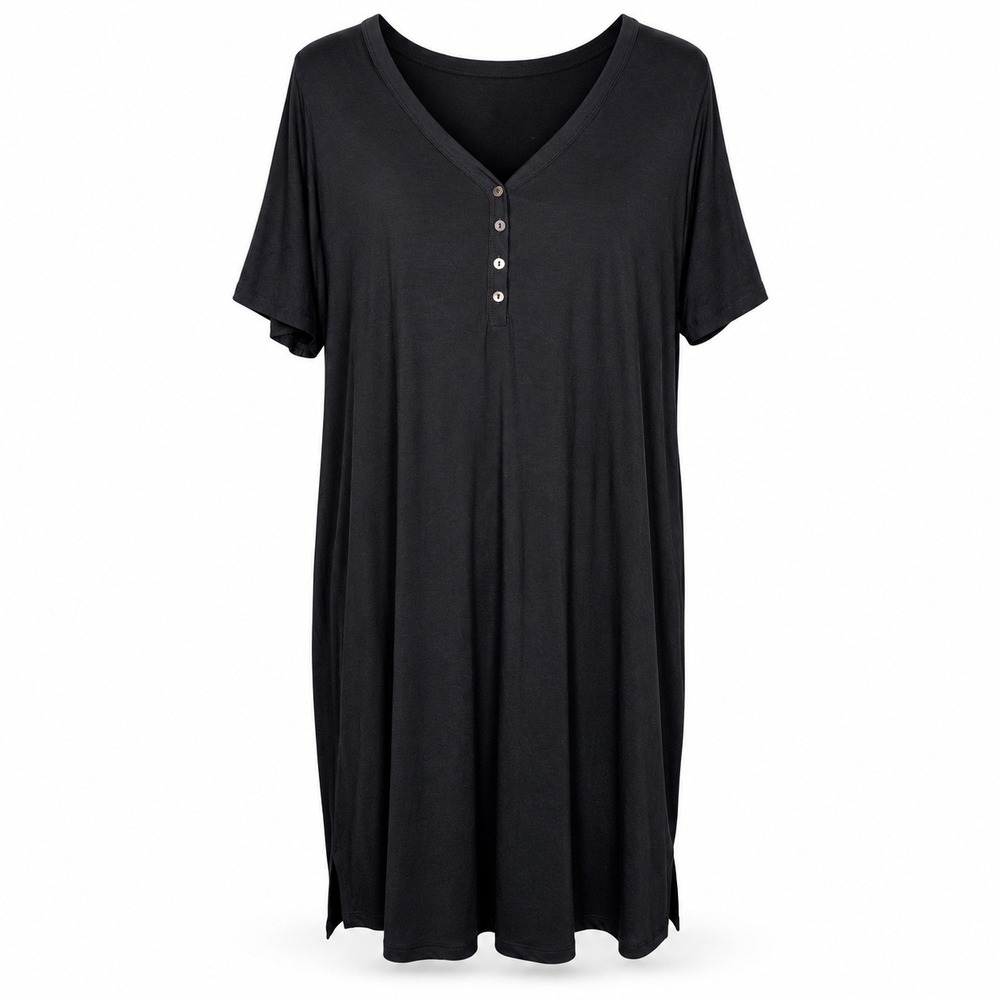 Quince Nightgown M Black Bamboo Jersey Henley Sleep Dress Soft Minimalist